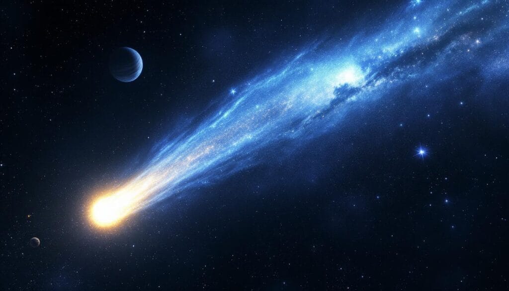 Ein Komet mit leuchtendem Schweif, der durch den Weltraum fliegt, umgeben von Planeten und Sternen.