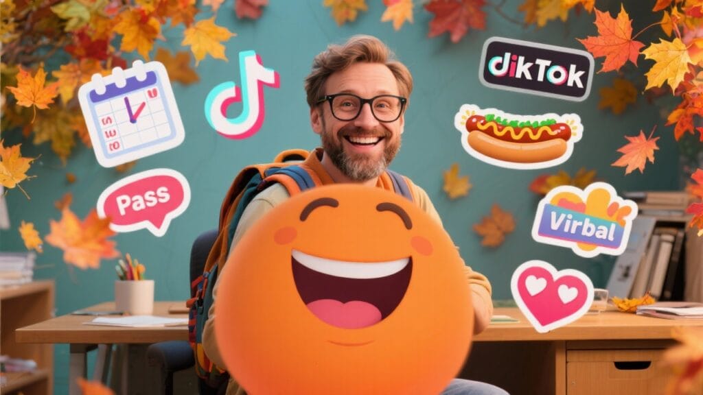 Lächelnder Mann mit Brille, orangefarbenem Kissen und verschiedenen Symbolen im Hintergrund.