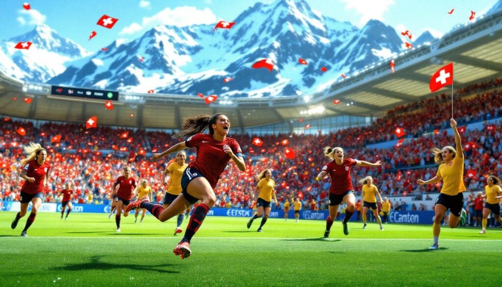 Spielerinnen in roten Trikots rennen auf dem Fußballfeld während eines Spiels in einem Stadion mit Bergen im Hintergrund.