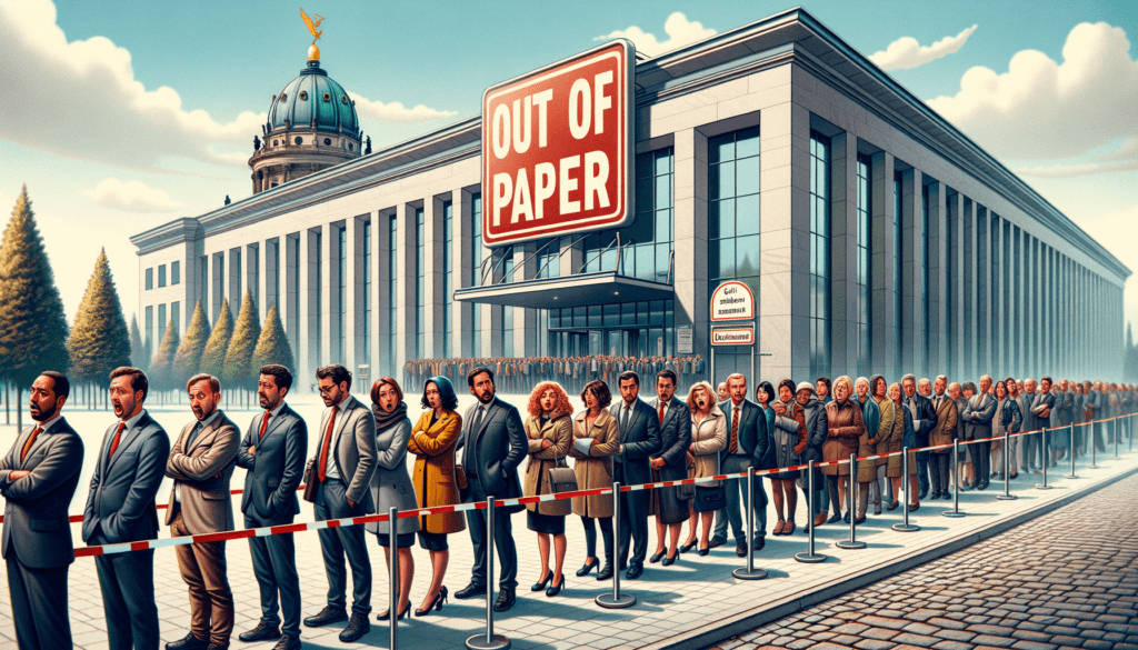 Leute stehen in deutschland schlange vor Amtsgebäude, weil es kein Papier gibt.