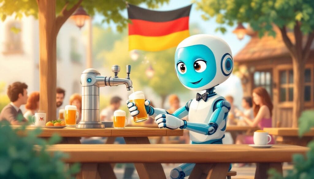 Ein Roboter mit blauen Augen zapft Bier an einem Tisch in einem Biergarten mit einer deutschen Flagge im Hintergrund.