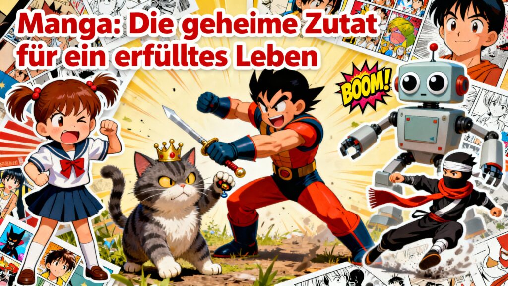 Bunte Manga-Illustration mit Charakteren, einem Roboter und einer Katze, die eine Krone trägt.