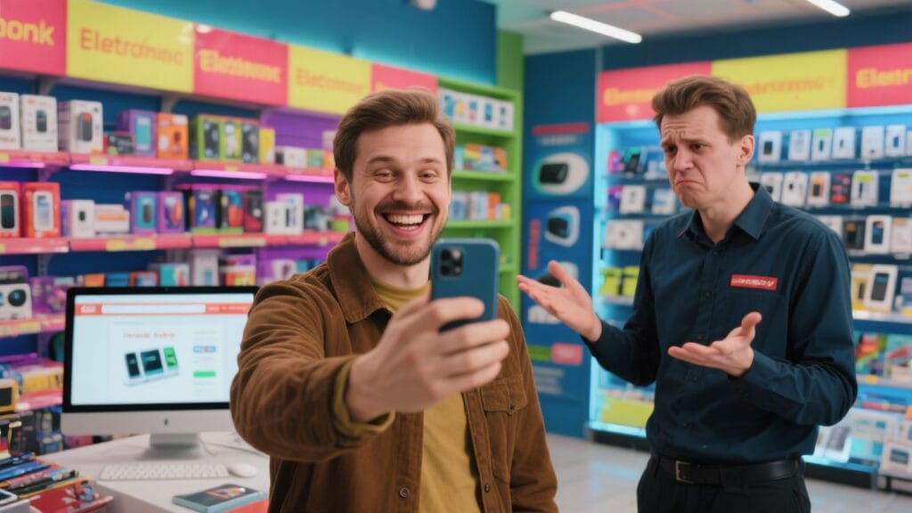 Ein Mann lächelt, während er ein Smartphone in einem Elektronikgeschäft hält, während ein Verkäufer im Hintergrund besorgt aussieht.