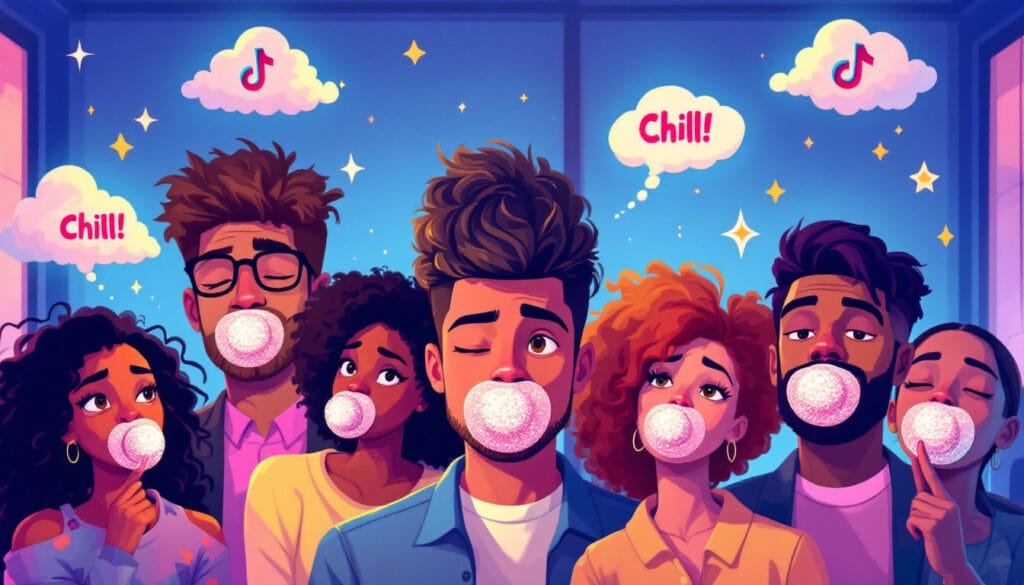 Sechs Personen mit Kaugummi im Mund, die in verschiedene Richtungen schauen, mit Sprechblasen über ihnen.