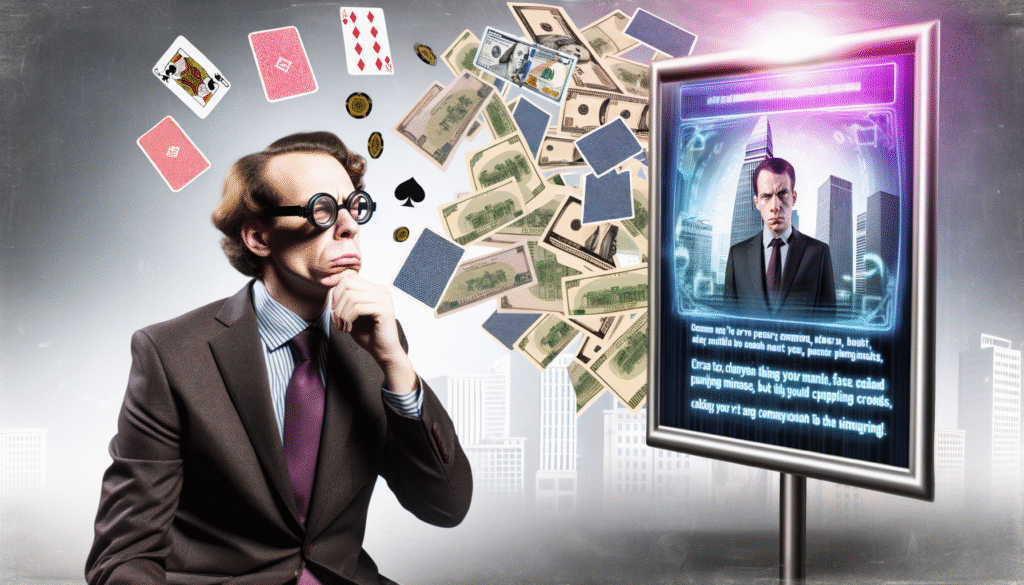 Mann mit Brille sitzt nachdenklich neben einem Bildschirm, während Geldscheine und Spielkarten um ihn herum fliegen.