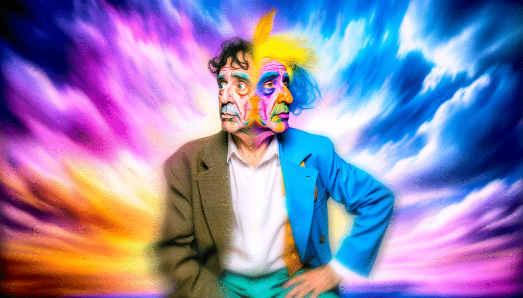 Mann mit einem halb bemalten Gesicht und einem blauen Anzug, vor einem bunten Hintergrund.