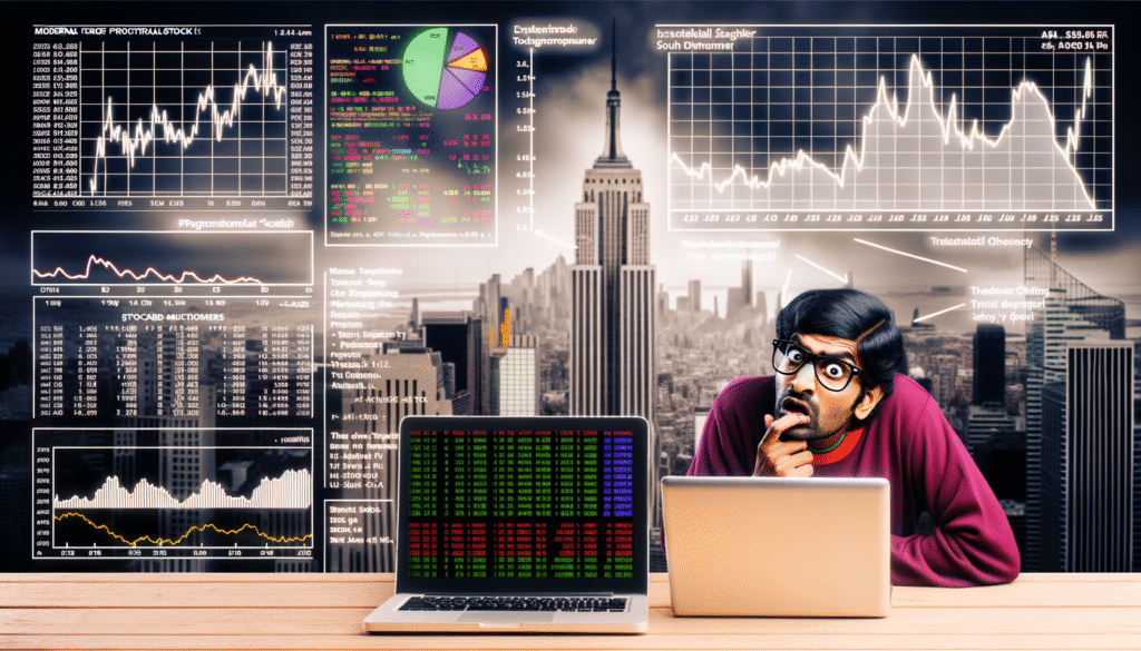 Mann mit Brille sitzt vor zwei Laptops und analysiert Finanzdiagramme in einer urbanen Umgebung.