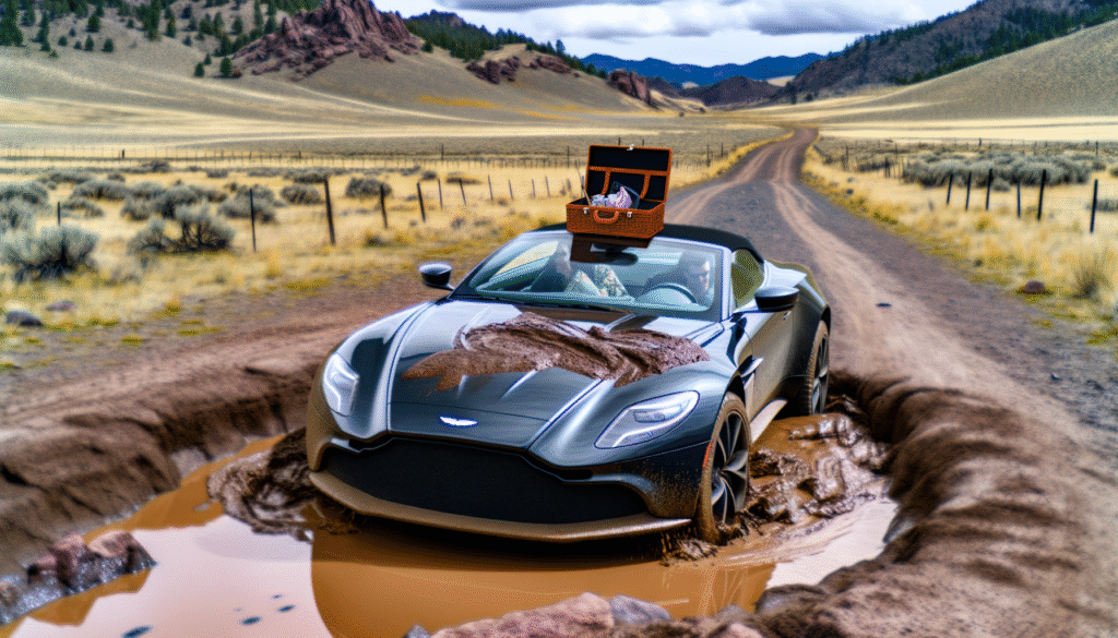 Schwarzer Aston Martin Sportwagen, der in einer Pfütze auf einem Schotterweg steht.