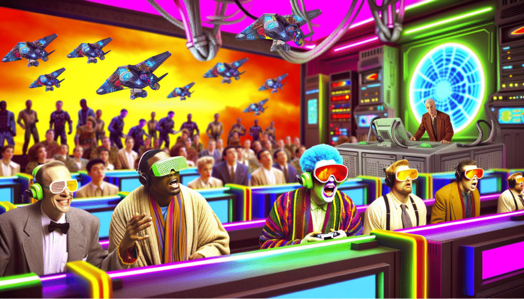 Futuristische Gaming-Szene mit Spielern in VR-Brillen und einem Zuschauerraum im Hintergrund.