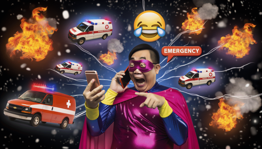 Superheld in lila Kostüm mit Smartphone, umgeben von Krankenwagen und Feuer-Elementen.