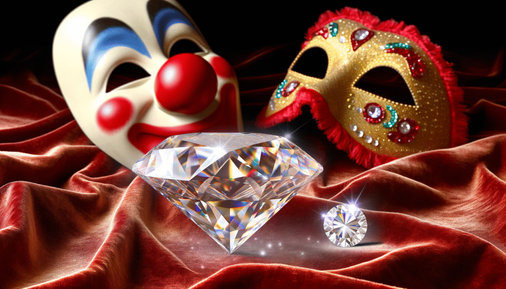 Ein großer und ein kleiner Diamant liegen auf einem roten Samtstoff neben zwei Masken, einer Clownmaske und einer dekorierten Maske.