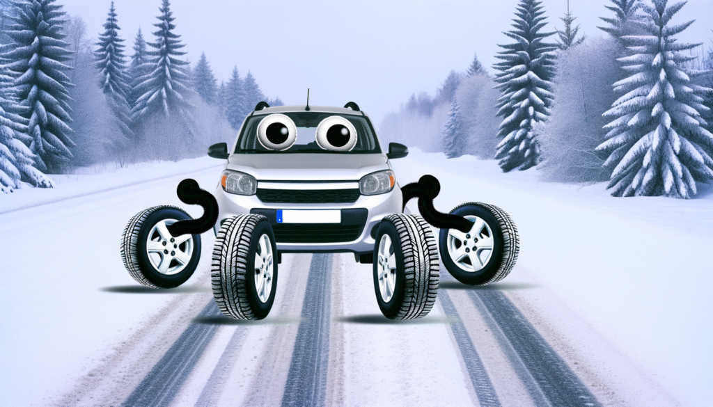 Ein Auto mit großen Cartoon-Augen und Reifen, das auf einer verschneiten Straße steht.