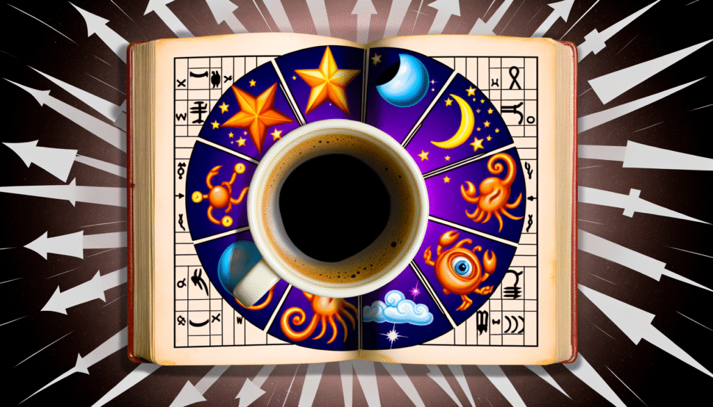 Eine Tasse Kaffee auf einem offenen Buch, umgeben von astrologischen Symbolen und Diagrammen.