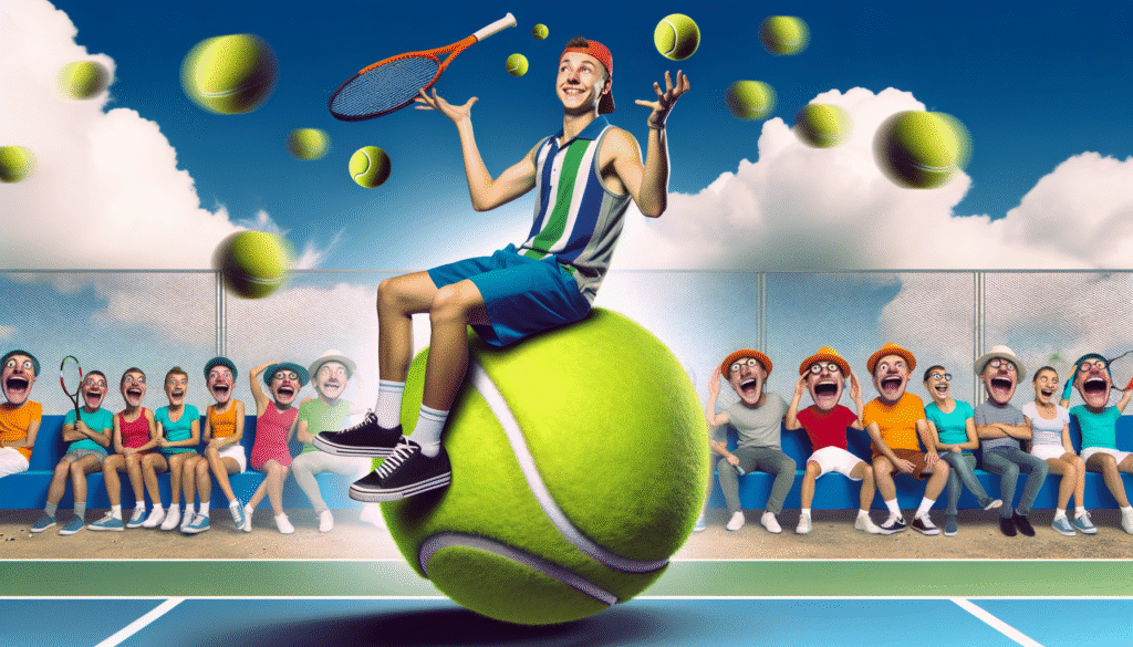 Junger Tennisspieler sitzt auf einem großen Tennisball und hält einen Tennisschläger in der Hand.