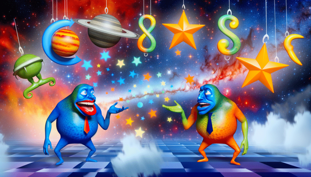 Zwei cartoonartige Figuren in blauer und orangefarbener Farbe, die im Weltraum mit Planeten und Sternen interagieren.