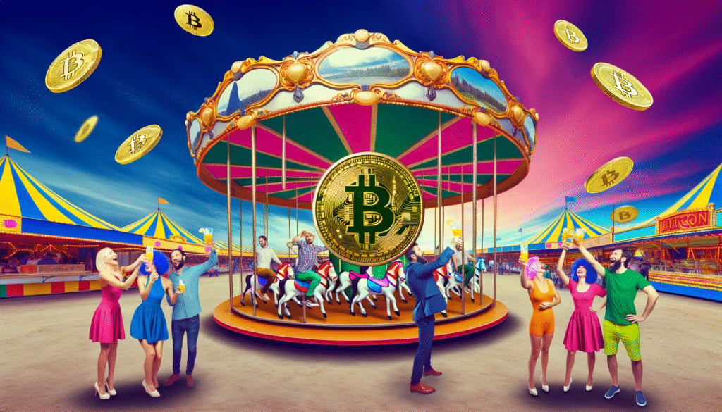Karussell mit Bitcoin-Münze in der Mitte, umgeben von Menschen in bunten Outfits auf einem Jahrmarkt.