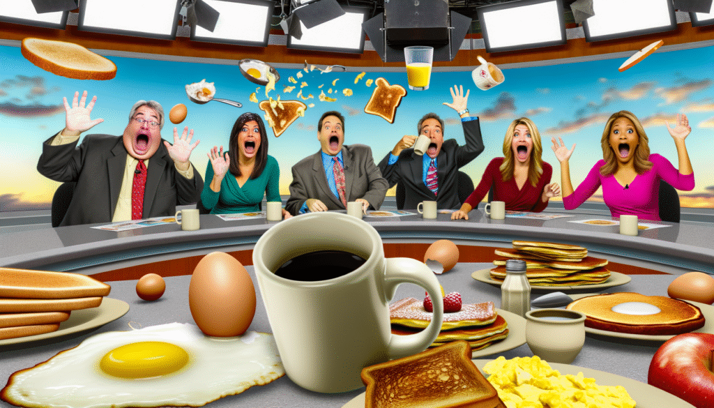 Nachrichtenmoderatoren am Tisch mit Frühstücksgerichten wie Eiern, Toast und Kaffee, die überrascht reagieren.