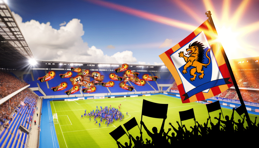 Ein Fußballfeld mit jubelnden Fans und einer Flagge, die ein Löwenemblem zeigt.