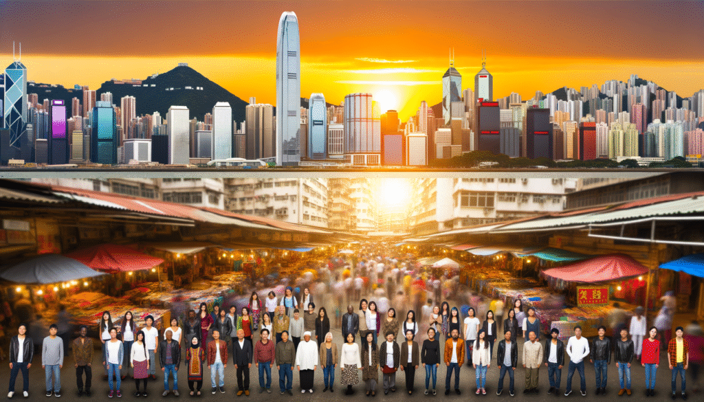 Stadtansicht von Hongkong mit modernen Wolkenkratzern und Menschen auf einem Markt im Vordergrund.
