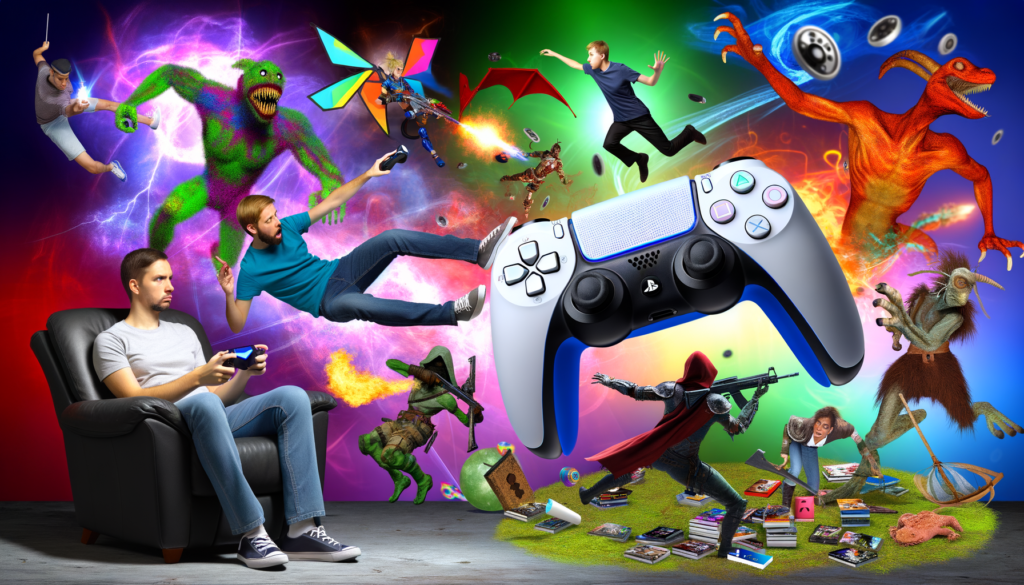 Ein blauer PlayStation 4 Controller schwebt im Vordergrund, umgeben von verschiedenen Charakteren und Szenen aus Videospielen.