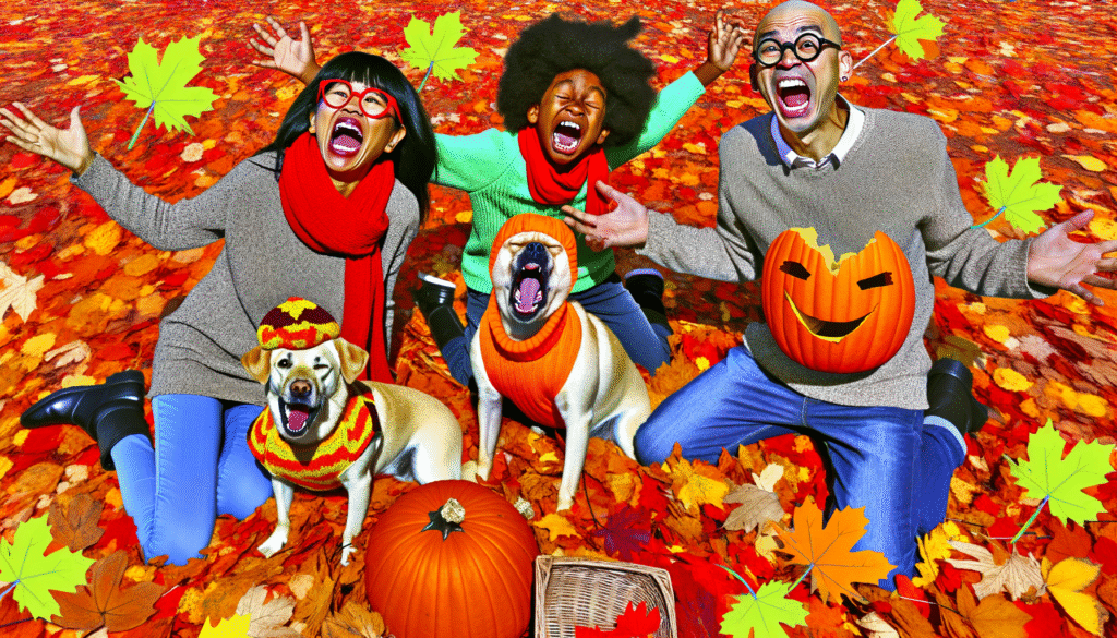 Eine Familie mit einem Hund, die im Herbst auf buntem Laub sitzt und Kürbisse trägt.