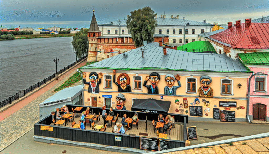 Bunte Wandmalerei mit Gesichtern an der Fassade eines Restaurants mit Sitzplätzen im Freien.