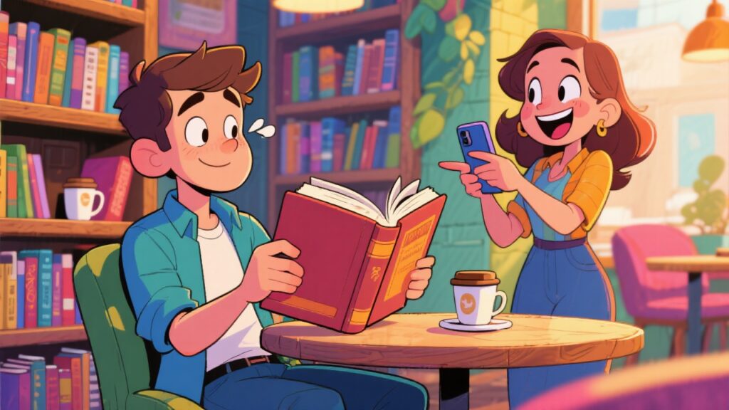 Ein Mann sitzt mit einem Buch in der Hand, während eine Frau mit einem Smartphone lächelt und ihn anspricht.