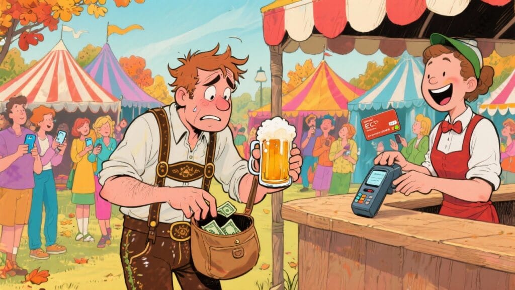 Ein Mann in traditioneller Tracht hält ein Bier und Geld in einer Hand, während er an einem Verkaufsstand steht.