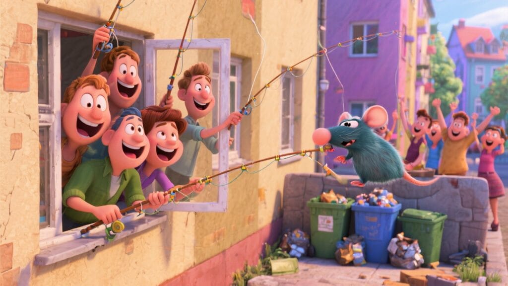 Eine Gruppe von fröhlichen Charakteren, die aus einem Fenster schauen und eine Ratte mit einer Angelrute fangen möchten.