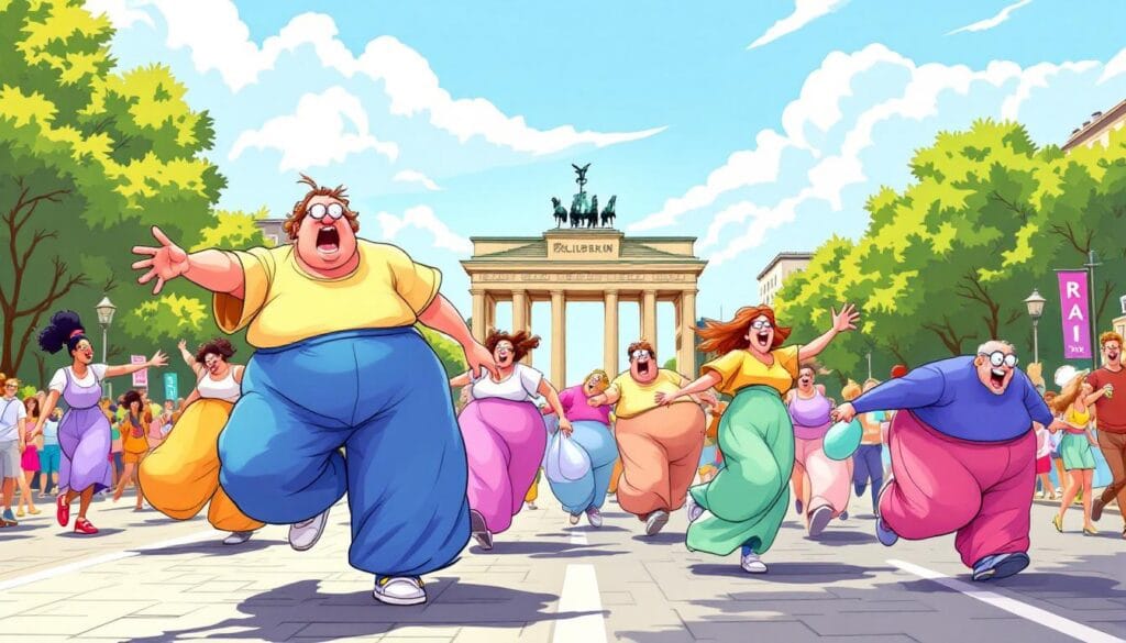 Karikatur von einer Gruppe von Menschen, die vor dem Brandenburger Tor in Berlin laufen.
