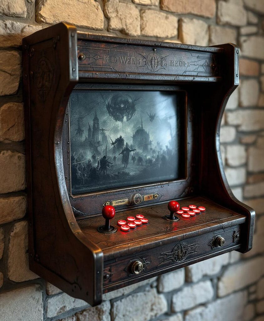 Wandmontierter Arcade-Spielautomat mit rotem Joystick und Tasten auf einer Steinmauer.