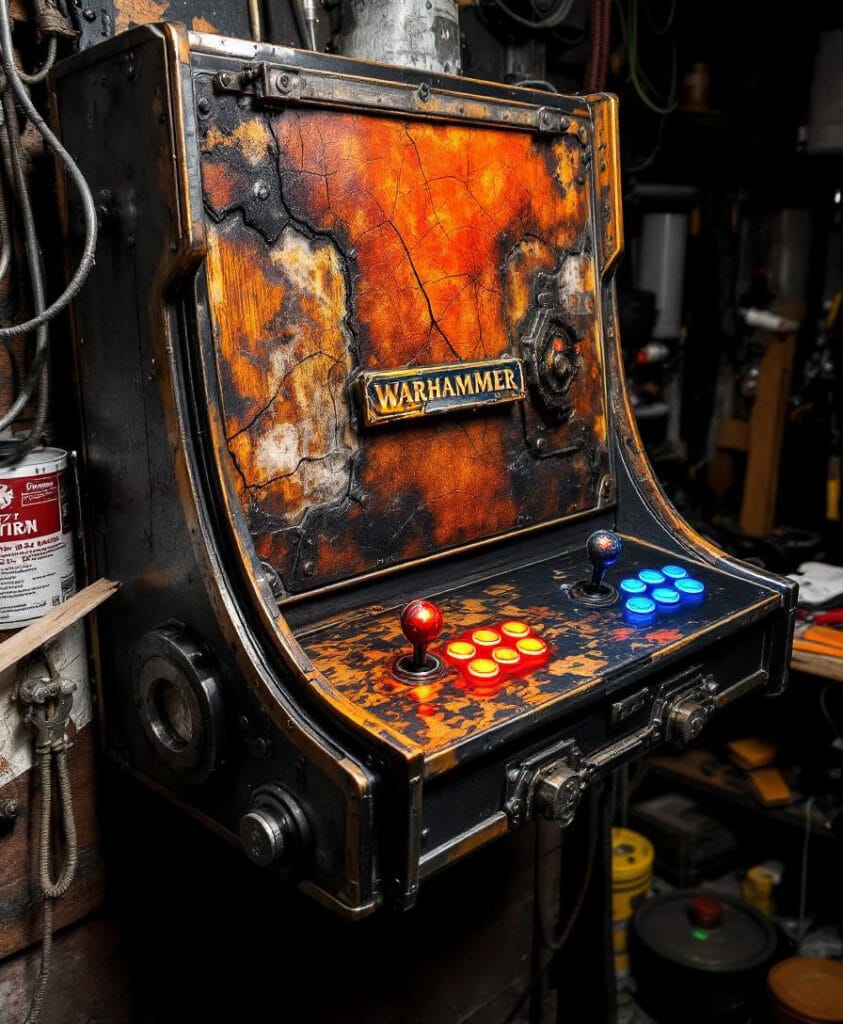 Wandmontierter Arcade-Spielautomat mit Warhammer-Logo und bunten Steuerknöpfen in einer Werkstatt.