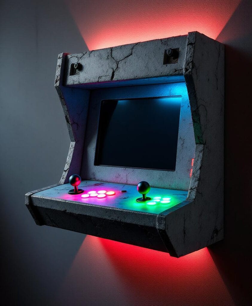 Wandmontierter Arcade-Spielautomat mit einem Bildschirm und bunten Steuerknöpfen in einem grauen Gehäuse.