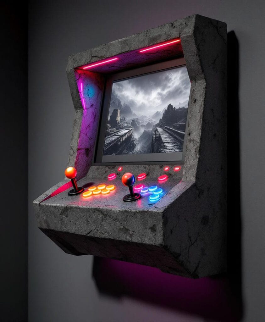 Wandmontierter Arcade-Spielautomat mit einem Bildschirm und bunten Tasten in einem grauen Gehäuse.