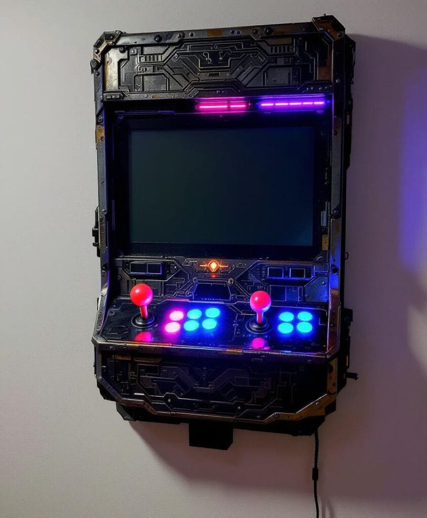 Wandmontierter Arcade-Spielautomat mit Bildschirm, Joysticks und Tasten in verschiedenen Farben.