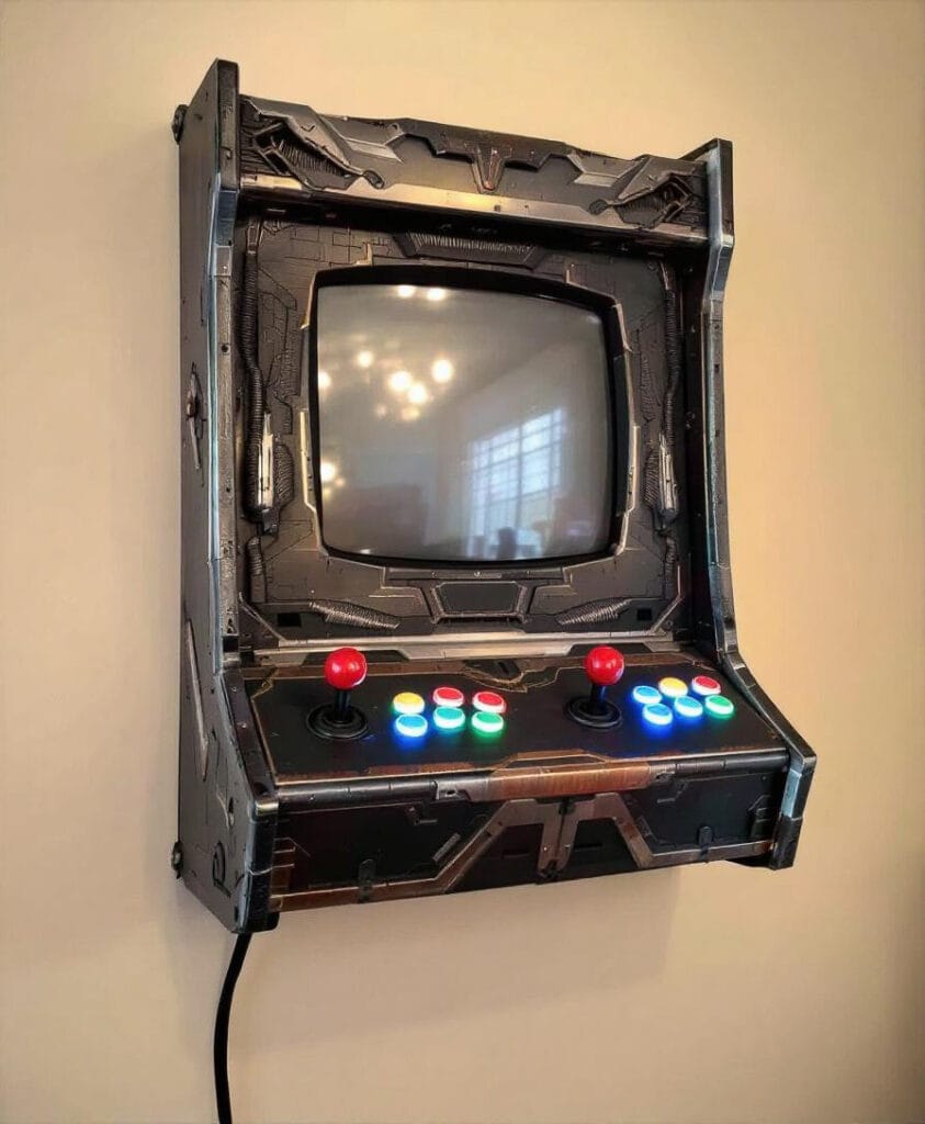 Wandmontierter Arcade-Spielautomat mit Bildschirm und Steuerknöpfen in verschiedenen Farben.