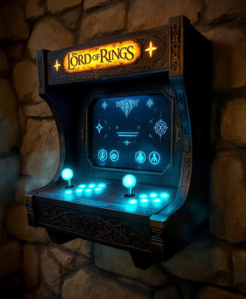 Wandmontierter Arcade-Spielautomat mit Herr der Ringe-Logo und leuchtenden Tasten.