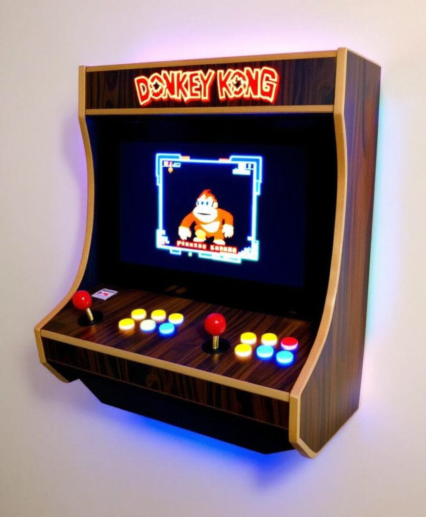 Wandmontierter Arcade-Spielautomat mit Donkey Kong-Spiel auf dem Bildschirm und bunten Tasten.