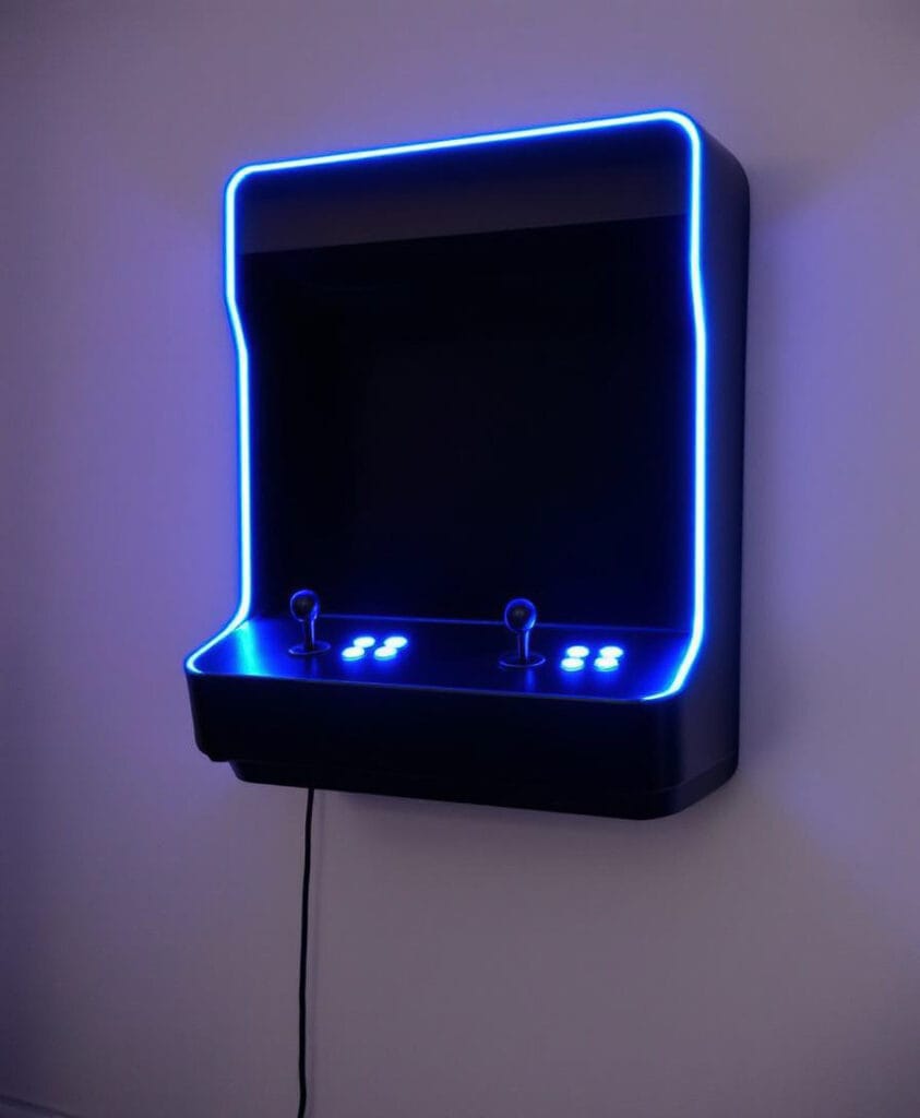 Wandmontierter Arcade-Spielautomat mit blauer Beleuchtung und zwei Steuerknöpfen.