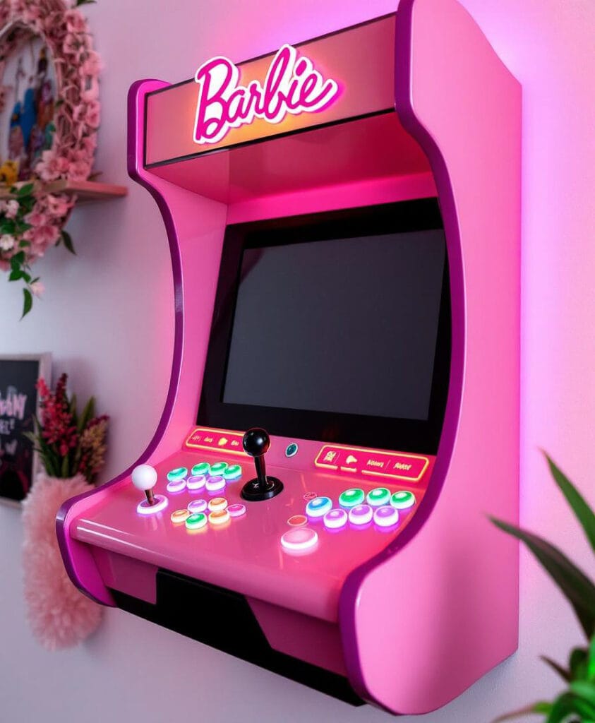 Wandmontierter Arcade-Spielautomat in Pink mit dem Schriftzug 'Barbie' und bunten Tasten.
