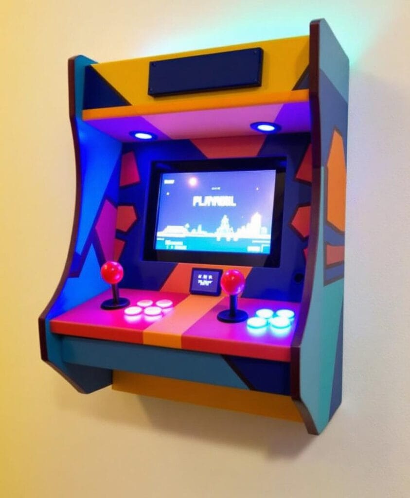 Wandmontierter Arcade-Spielautomat mit buntem Design und Bildschirm, der ein Spiel anzeigt.