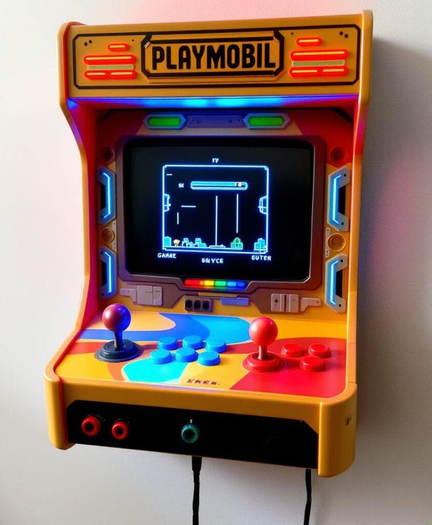 Wandmontierter Arcade-Spielautomat mit bunten Bedienelementen und Bildschirm, der ein Spiel anzeigt.