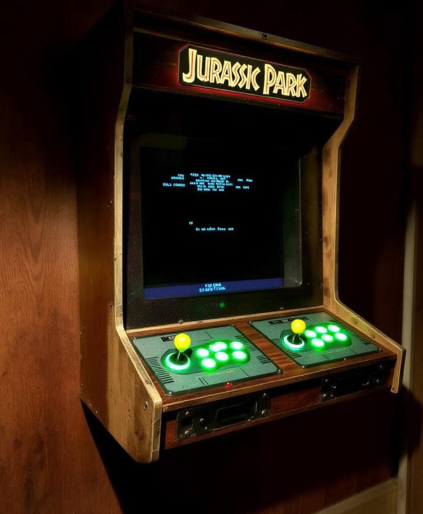 Wandmontierter Arcade-Automat mit Jurassic Park-Design und zwei Joysticks.