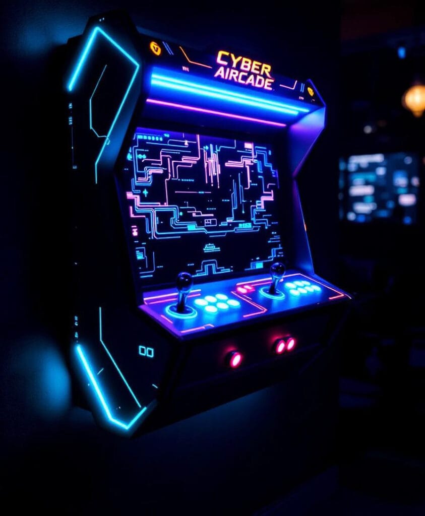 Wandmontiertes Arcade-Spielgerät mit dem Schriftzug 'Cyber Aircade' und leuchtenden Bedienelementen.