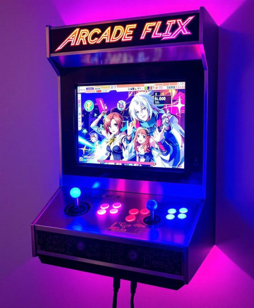 Wandmontierter Arcade-Spielautomat mit Bildschirm und bunten Steuerknöpfen.