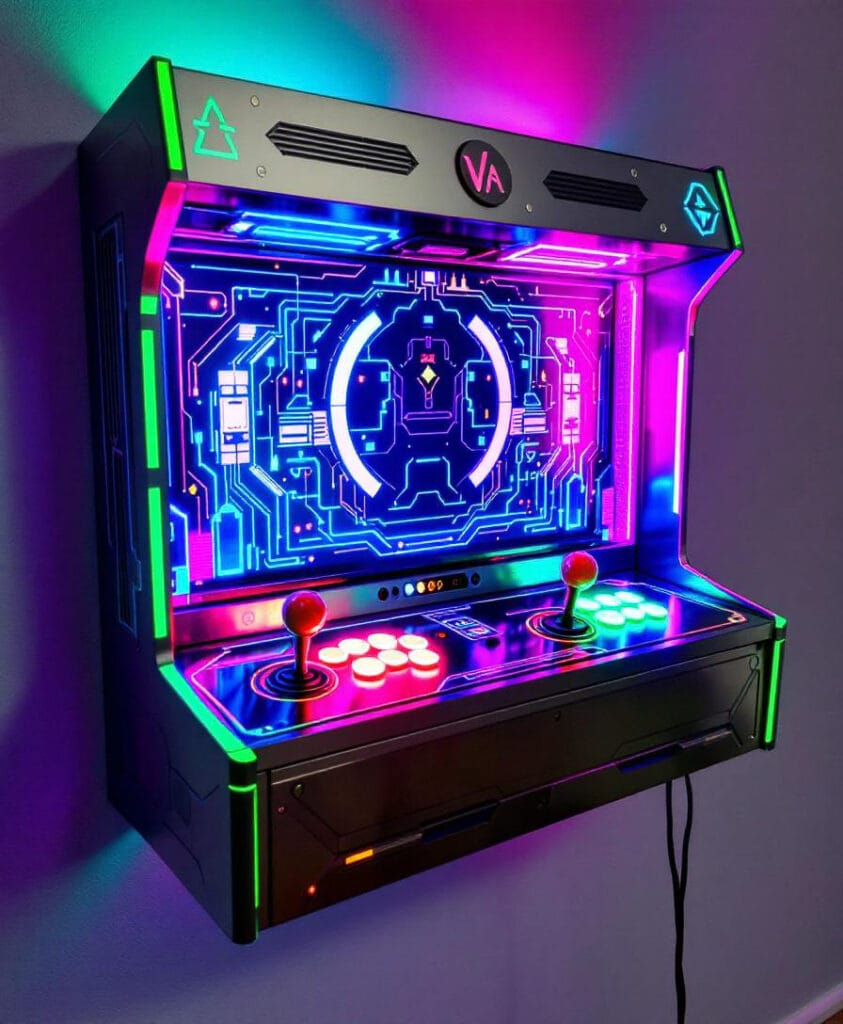 Wandmontierter Arcade-Spielautomat mit bunten LED-Lichtern und Steuerknöpfen.