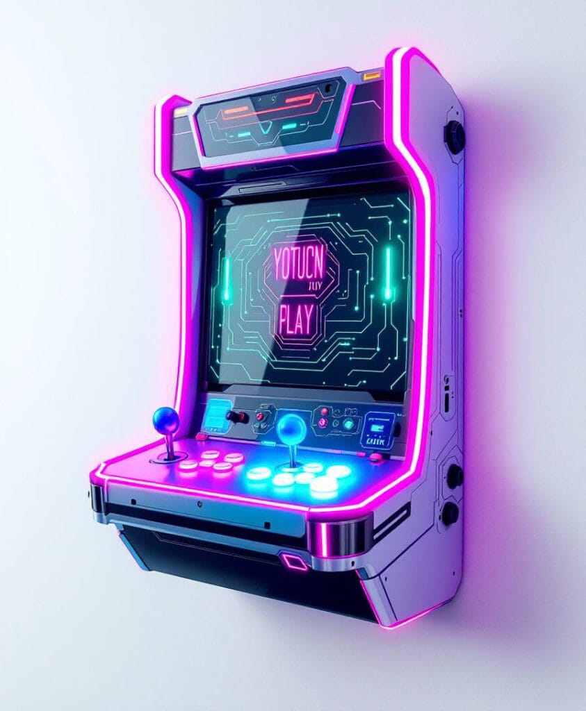 Wandmontierter Arcade-Spielautomat mit leuchtenden Neonlichtern und einem Bildschirm, der 'YOU CAN PLAY' anzeigt.