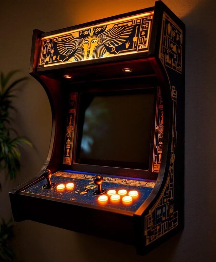 Wandmontierter Arcade-Spielautomat mit einem ägyptischen Motiv und beleuchtetem Bildschirm.