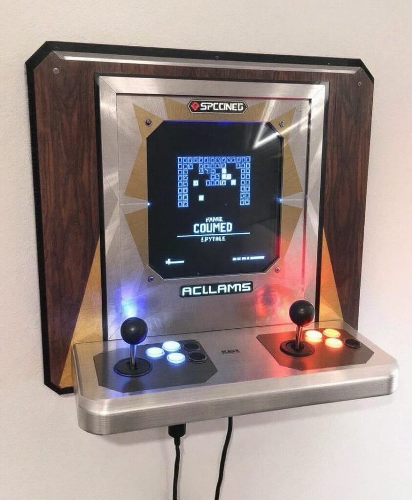 Wandmontierter Arcade-Spielautomat mit einem klassischen Spielbildschirm und Steuerknöpfen.