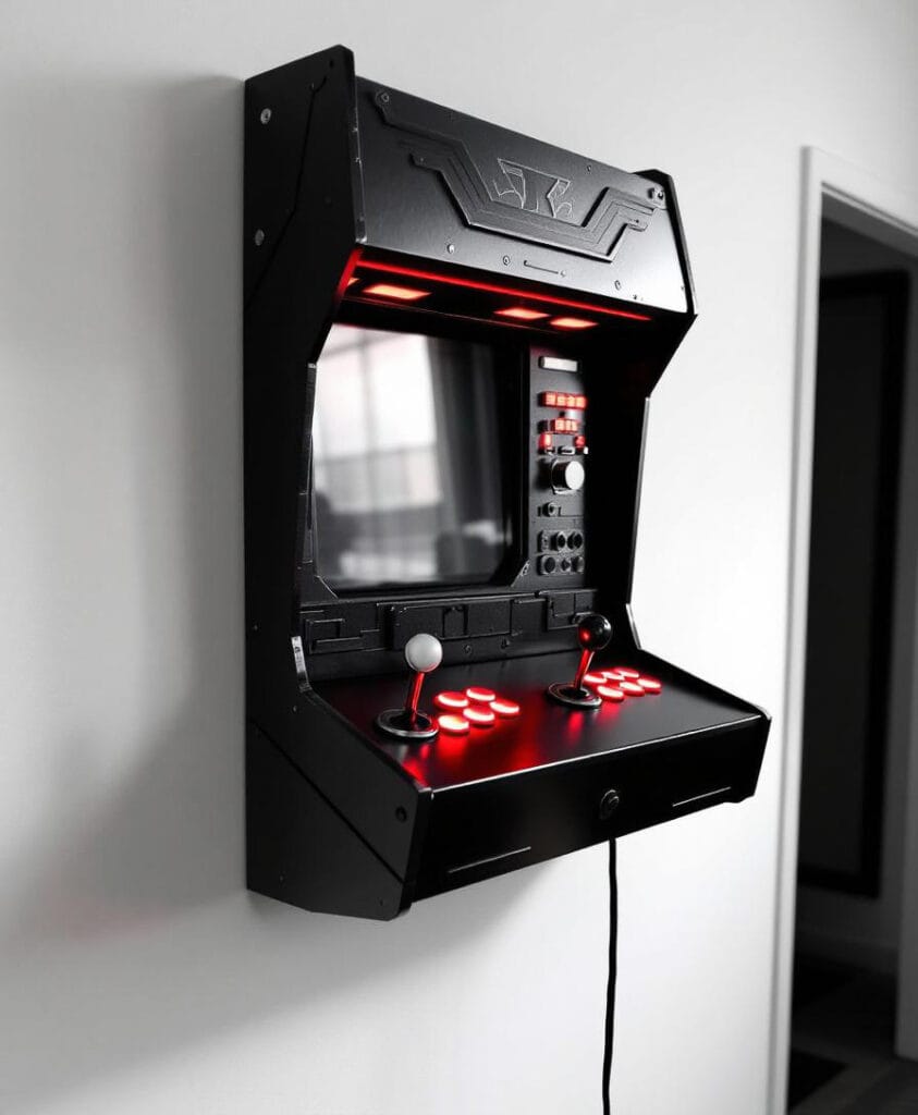 Wandmontierter Arcade-Spielautomat mit Joysticks und Bildschirm in schwarzer Farbe.